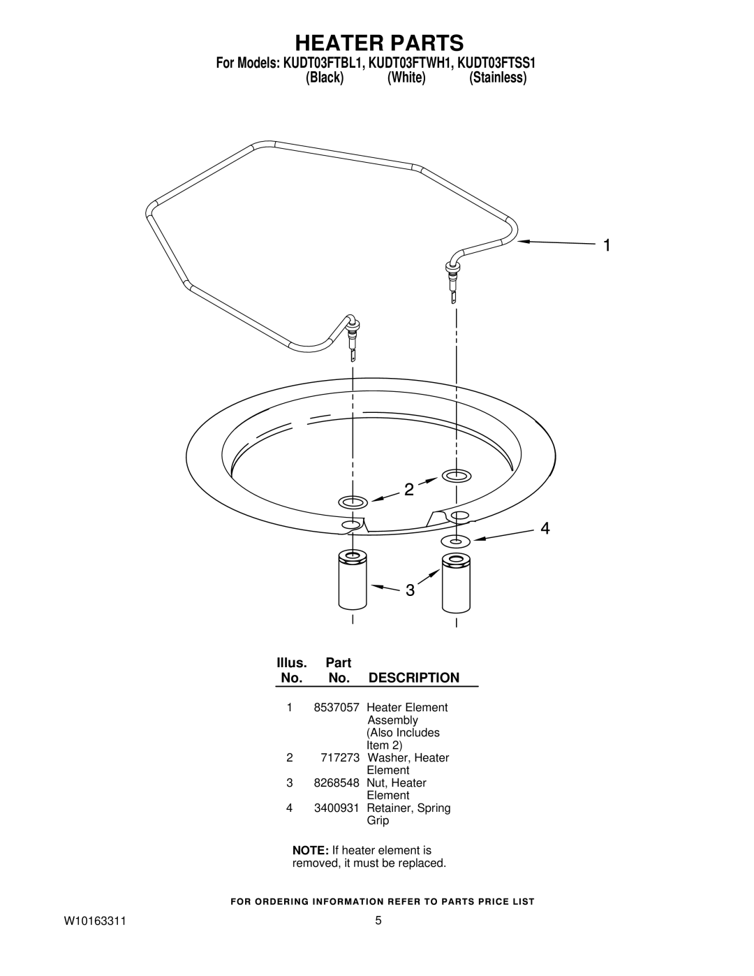 KitchenAid KUDT03FTBL1, KUDT03FTWH1, KUDT03FTSS1 manual Heater Parts 