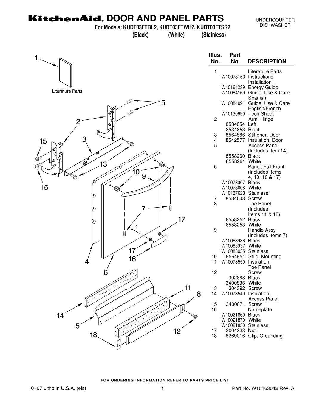 KitchenAid KUDT03FTSS2, KUDT03FTWH2, KUDT03FTBL2 manual Door and Panel Parts 