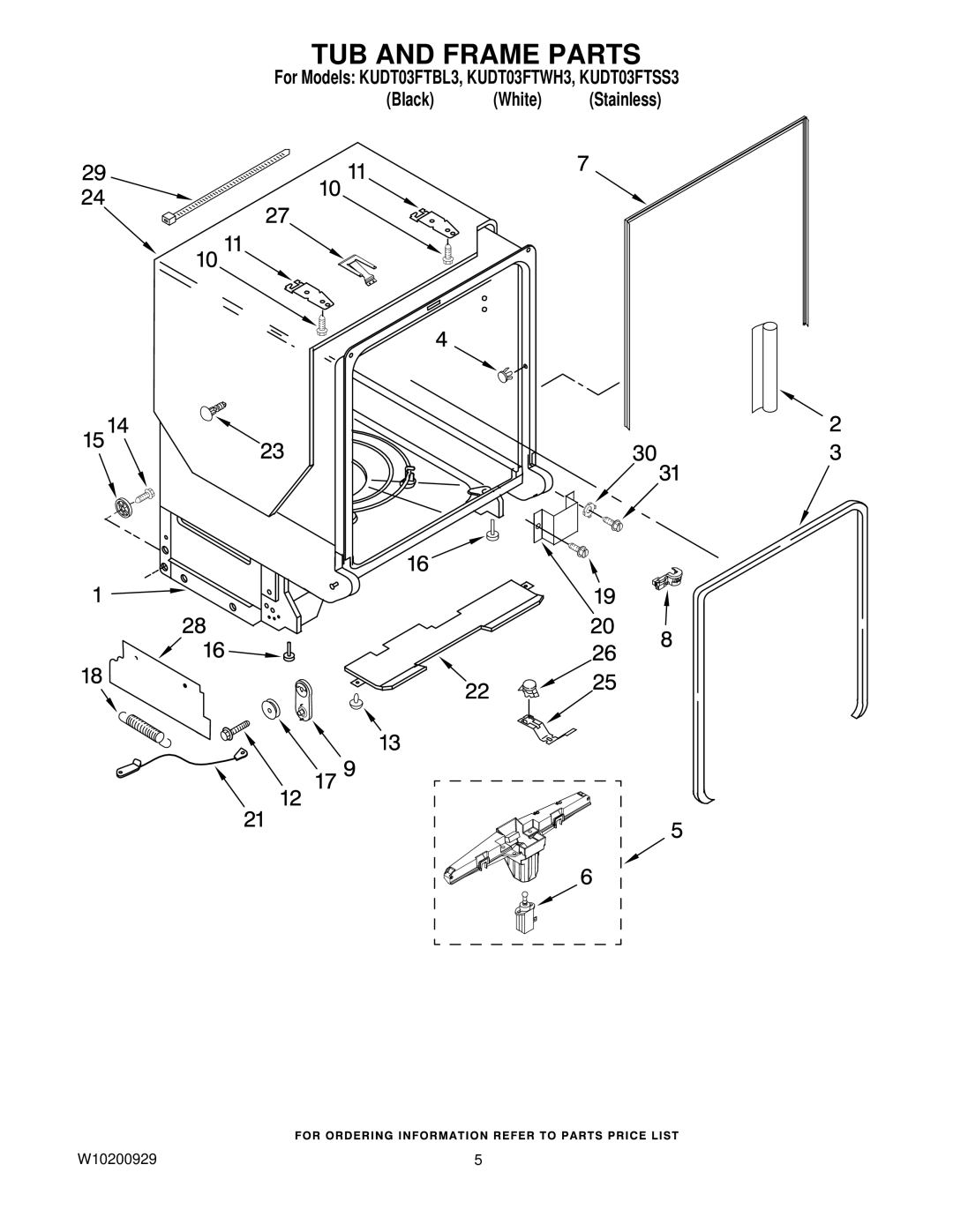 KitchenAid KUDT03FTBL3, KUDT03FTWH3, KUDT03FTSS3 manual TUB and Frame Parts 