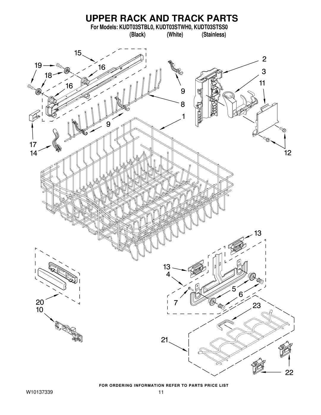 KitchenAid KUDT03STBL0, KUDT03STWH0, KUDT03STSS0 manual Upper Rack and Track Parts 