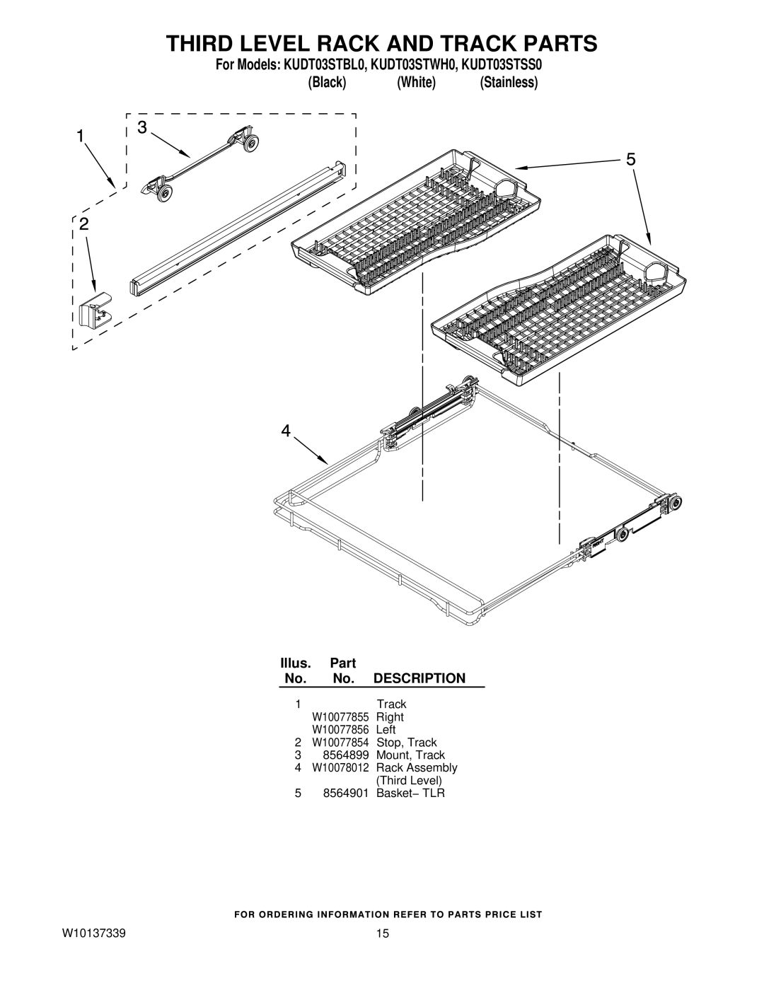 KitchenAid KUDT03STWH0, KUDT03STSS0, KUDT03STBL0 manual Third Level Rack and Track Parts 