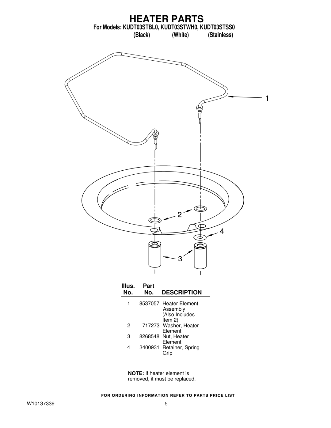 KitchenAid KUDT03STBL0, KUDT03STWH0, KUDT03STSS0 manual Heater Parts 