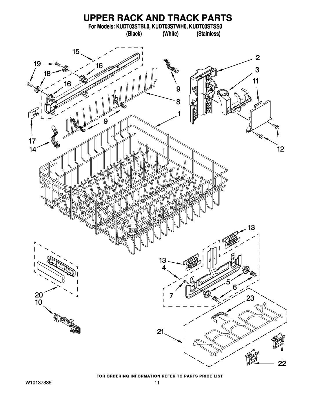 KitchenAid manual Upper Rack And Track Parts, For Models KUDT03STBL0, KUDT03STWH0, KUDT03STSS0, Black White Stainless 