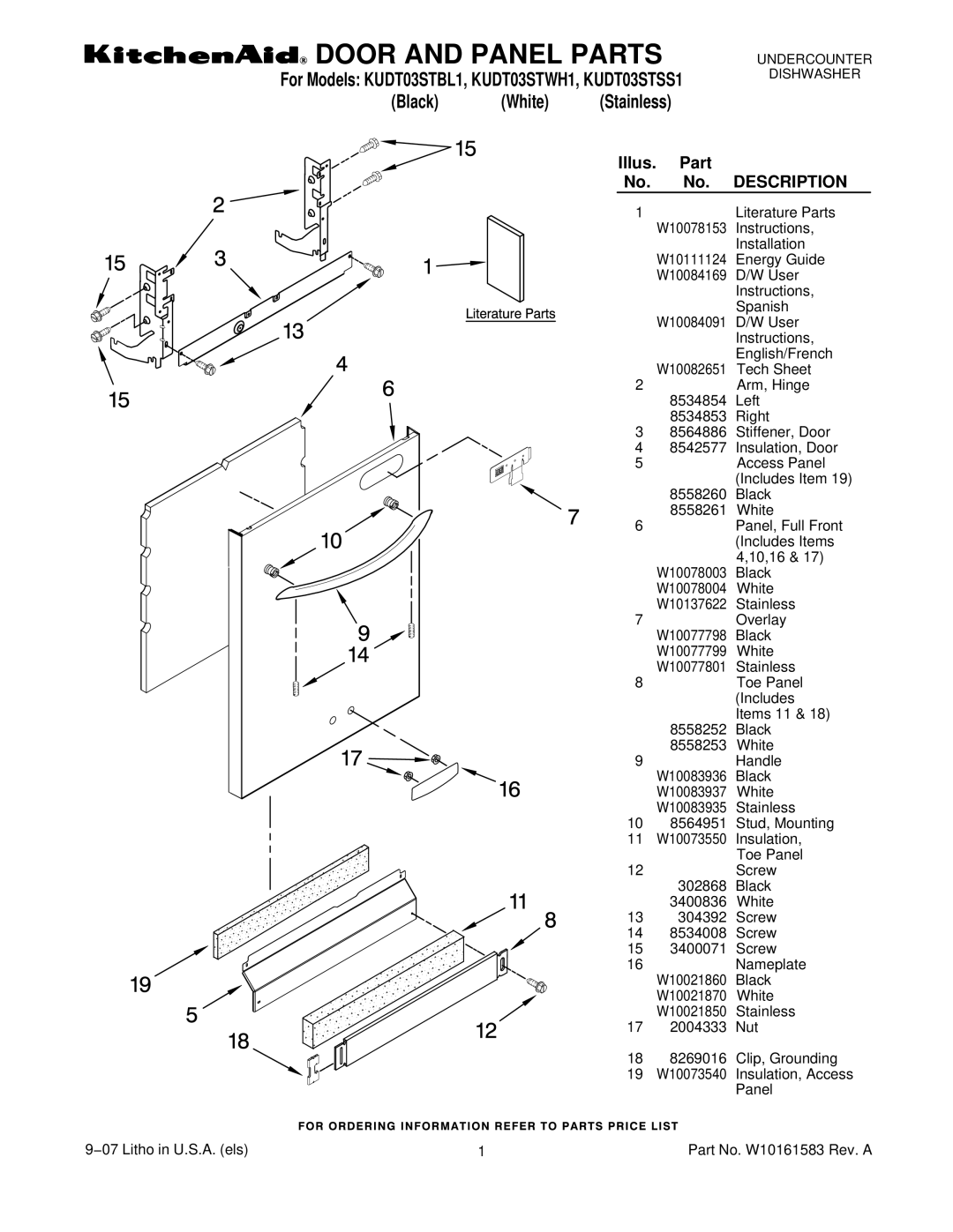 KitchenAid KUDT03STSS1, KUDT03STWH1, KUDT03STBL1 manual Door and Panel Parts 