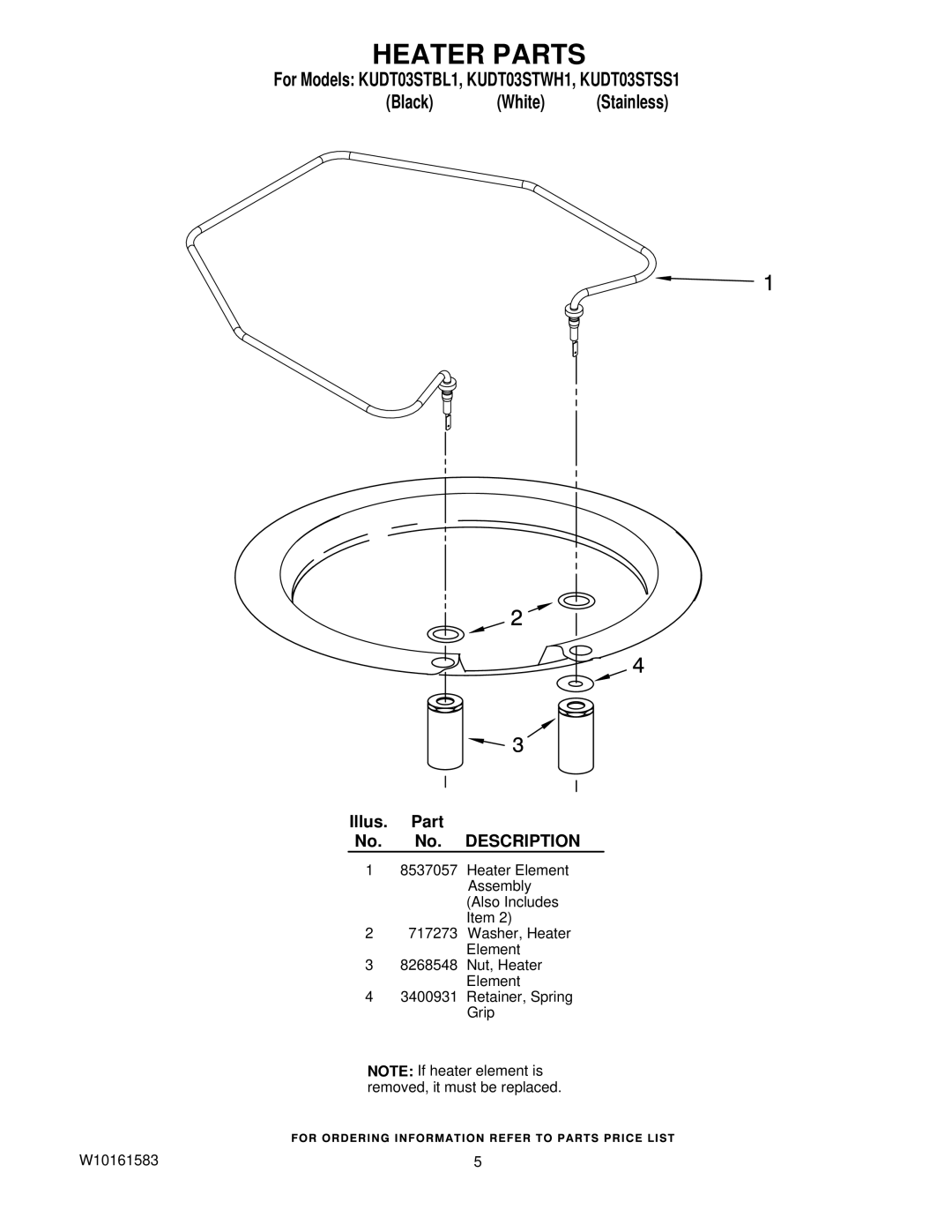 KitchenAid KUDT03STBL1, KUDT03STWH1, KUDT03STSS1 manual Heater Parts 