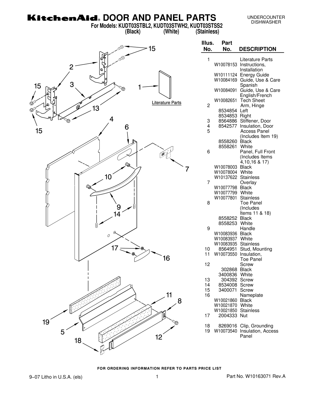 KitchenAid KUDT03STSS2, KUDT03STWH2, KUDT03STBL2 manual Door and Panel Parts 