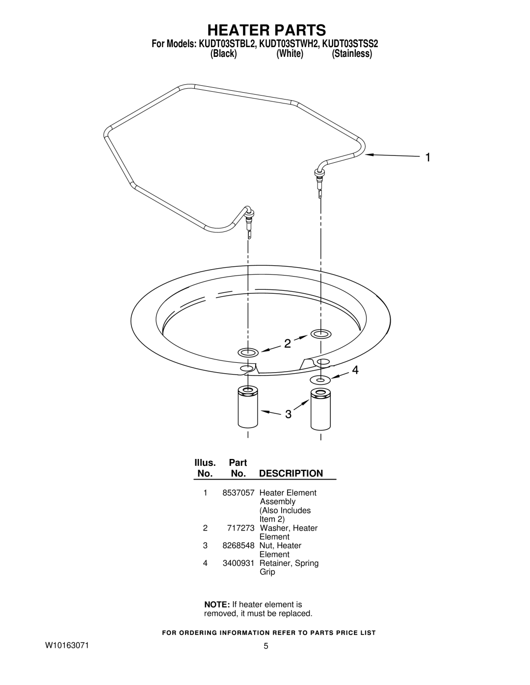 KitchenAid KUDT03STBL2, KUDT03STWH2, KUDT03STSS2 manual Heater Parts 