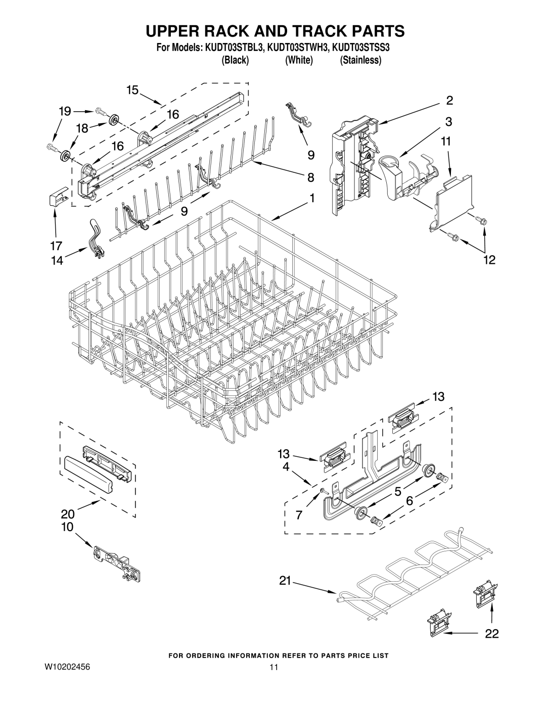 KitchenAid KUDT03STBL3, KUDT03STWH3, KUDT03STSS3 manual Upper Rack and Track Parts 