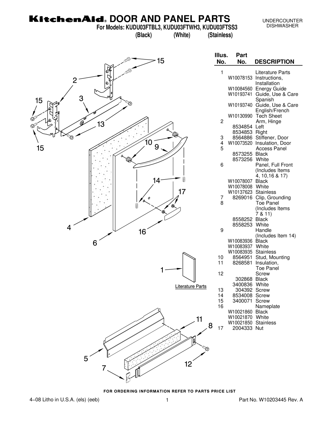 KitchenAid KUDU03FTWH3, KUDU03FTBL3, KUDU03FTSS3 manual Door and Panel Parts 