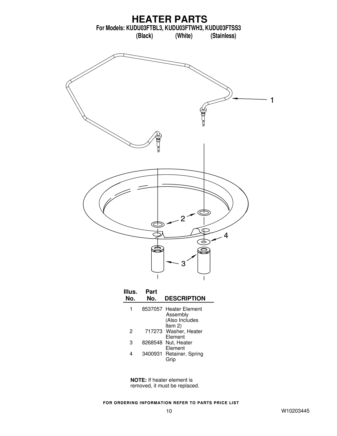 KitchenAid KUDU03FTWH3, KUDU03FTBL3, KUDU03FTSS3 manual Heater Parts 