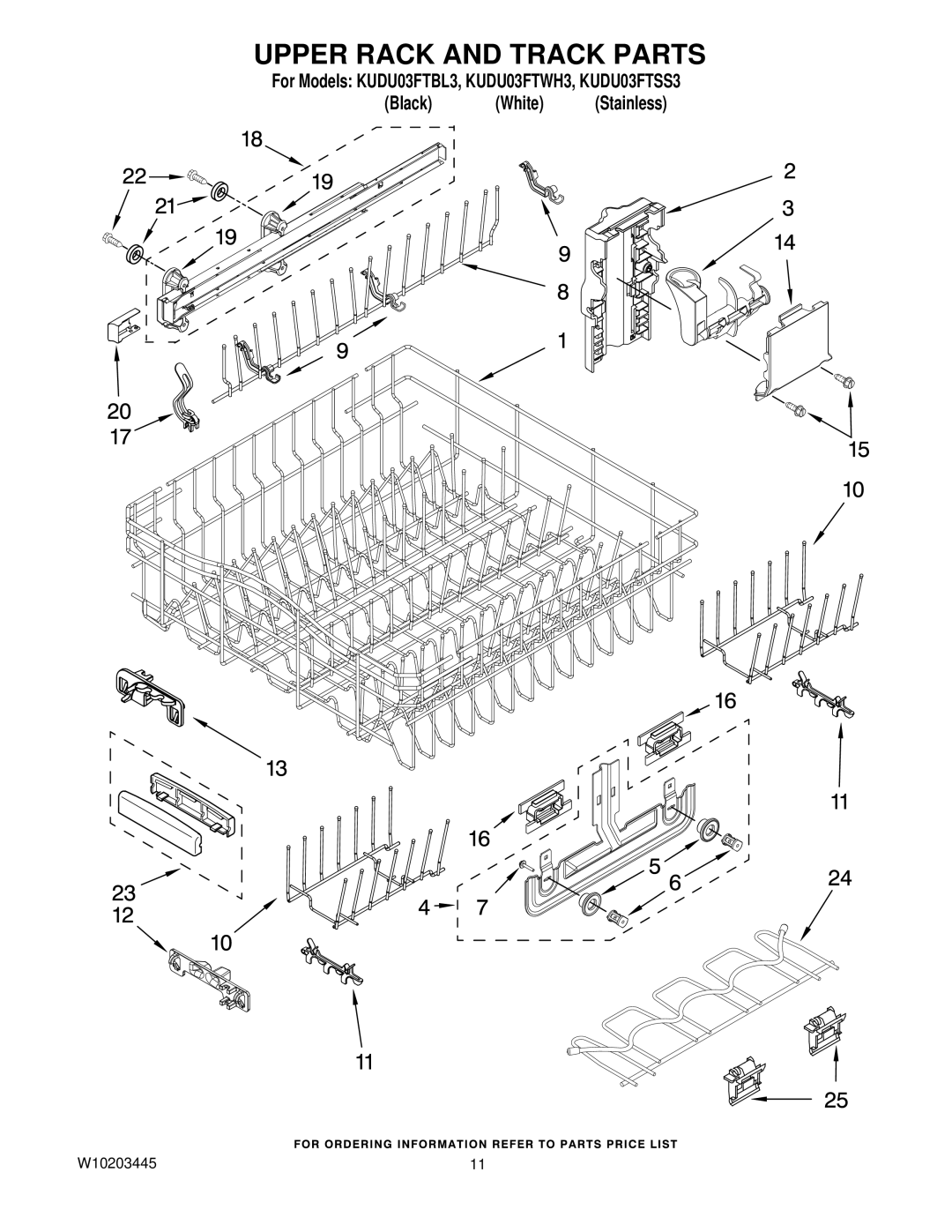 KitchenAid KUDU03FTSS3, KUDU03FTBL3, KUDU03FTWH3 manual Upper Rack and Track Parts 