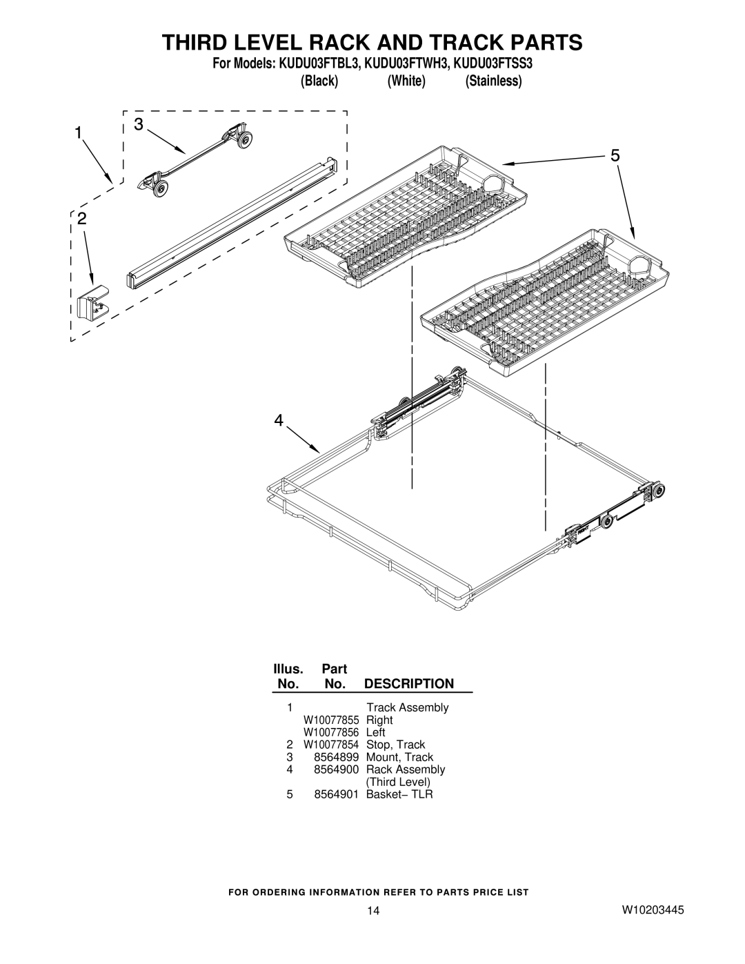 KitchenAid KUDU03FTSS3, KUDU03FTBL3, KUDU03FTWH3 manual Third Level Rack and Track Parts 