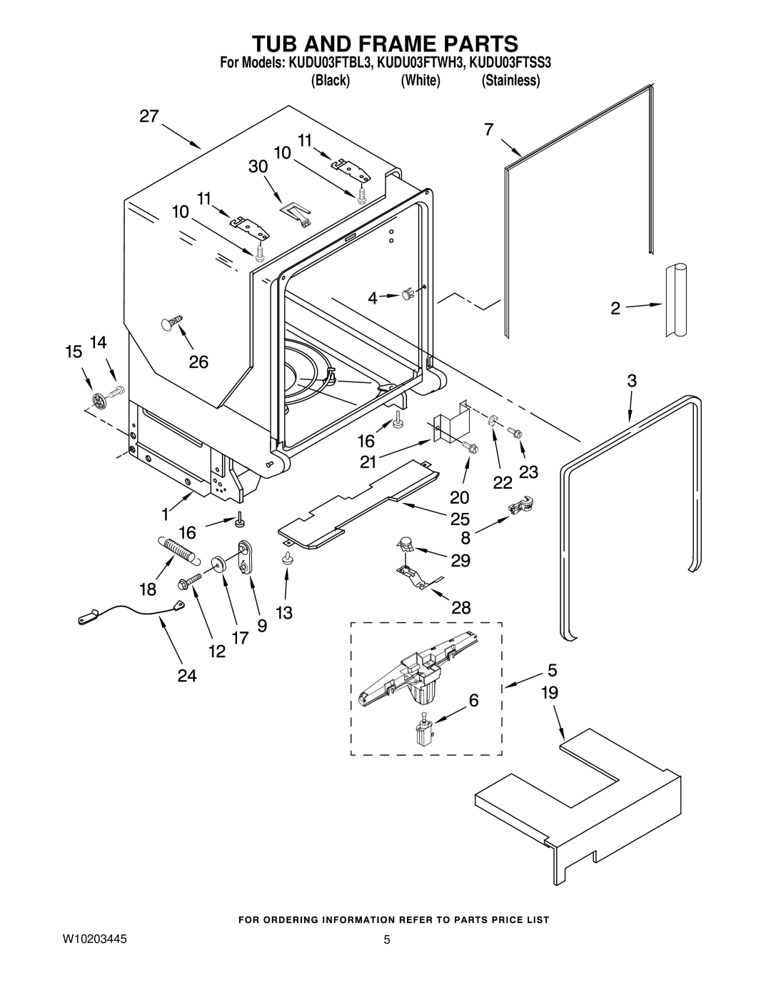 KitchenAid KUDU03FTSS3, KUDU03FTBL3, KUDU03FTWH3 manual TUB and Frame Parts 