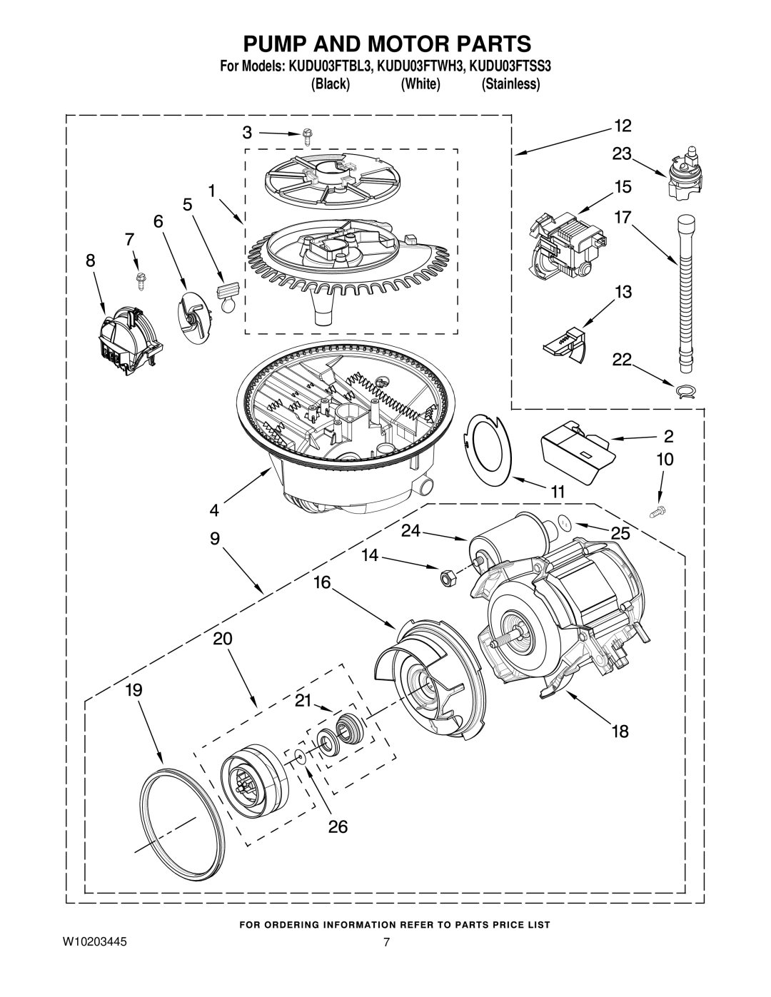 KitchenAid KUDU03FTWH3, KUDU03FTBL3, KUDU03FTSS3 manual Pump and Motor Parts 