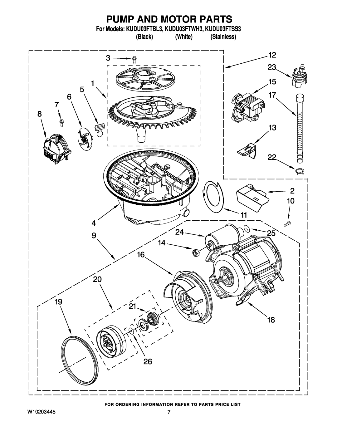 KitchenAid manual Pump And Motor Parts, For Models KUDU03FTBL3, KUDU03FTWH3, KUDU03FTSS3, Black White Stainless 
