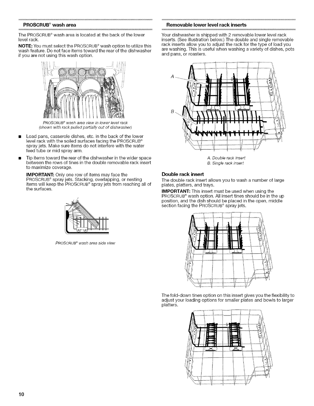 KitchenAid KUDU03FTPA, KUDU03ST manual Proscrub wash area, Removable lower level rack inserts, Double rack insert 