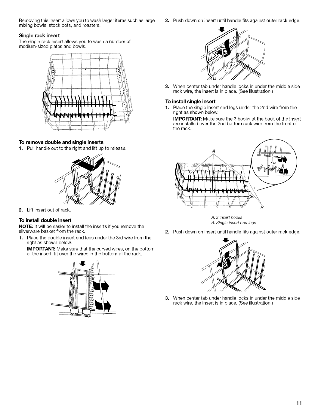 KitchenAid KUDU03ST, KUDU03FTPA manual Single rack insert, To install single insert, To install double insert, Insert hooks 