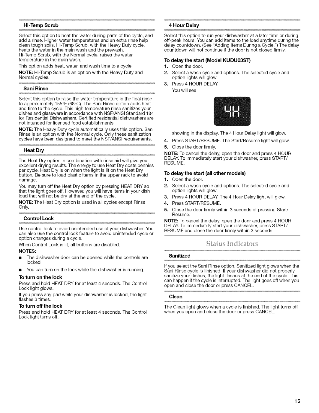 KitchenAid KUDU03FTPA Sani Rinse, Heat Dry, Control Lock, To turn on the lock, To turn off the lock, Hour Delay, Sanitized 