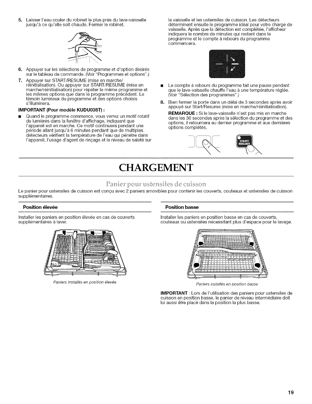 KitchenAid KUDU03FTPA manual Chargement, Important Pour module KUDU03ST, Position 61ev6e Position basse 