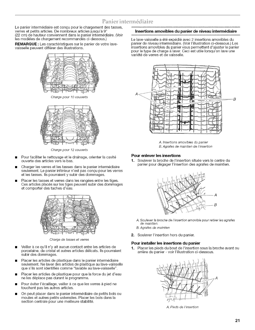 KitchenAid KUDU03FTPA, KUDU03ST manual Insertions amovibles du panier de niveau intermdiaire, Pour enlever les insertions 