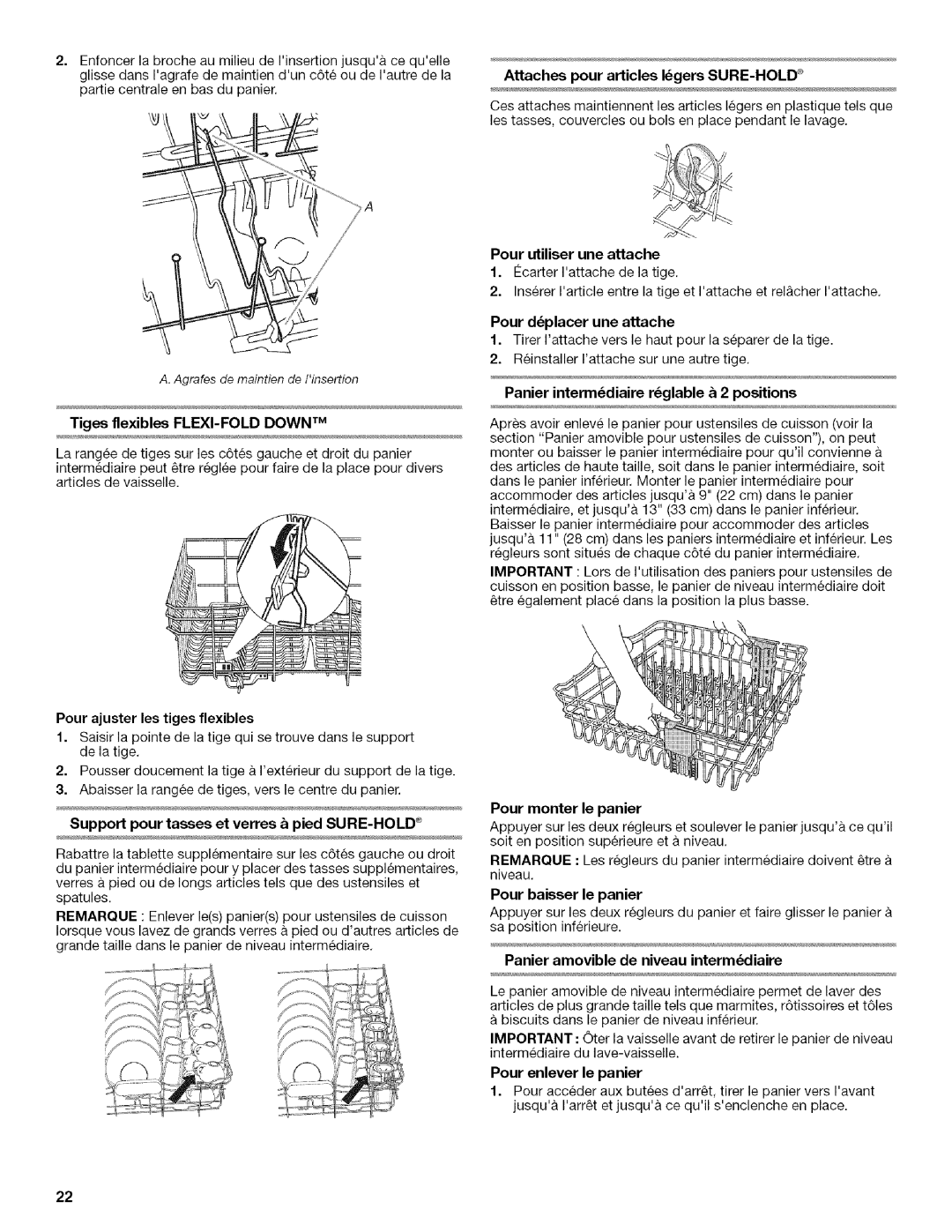 KitchenAid KUDU03FT Tiges flexibles FLEXI-FOLD Down TM, Attaches pour articles Igers SURE-HOLD c, Pour monter le panier 