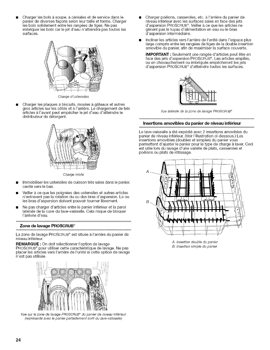 KitchenAid KUDU03FTPA, KUDU03ST manual Zone de lavage Proscrub, Insertions amovibles du panier de niveau infrieur 