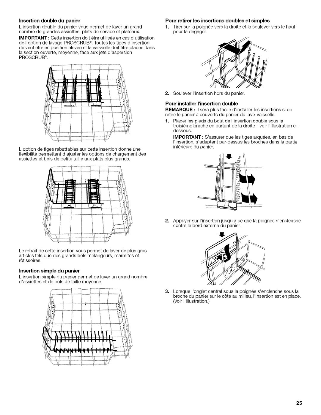 KitchenAid KUDU03FTPA manual Insertion double du panier, Insertion simple du partier, Pour installer Iinsertion double 