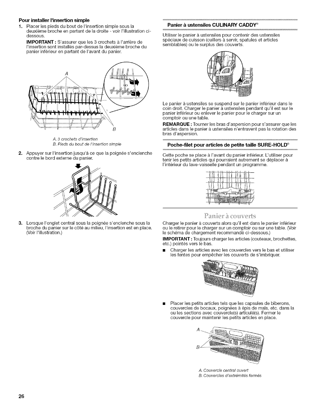 KitchenAid KUDU03ST, KUDU03FTPA Pour installer Iinsertion simple, Crochets dinsertion Pieds du bout de Iinsertion simple 