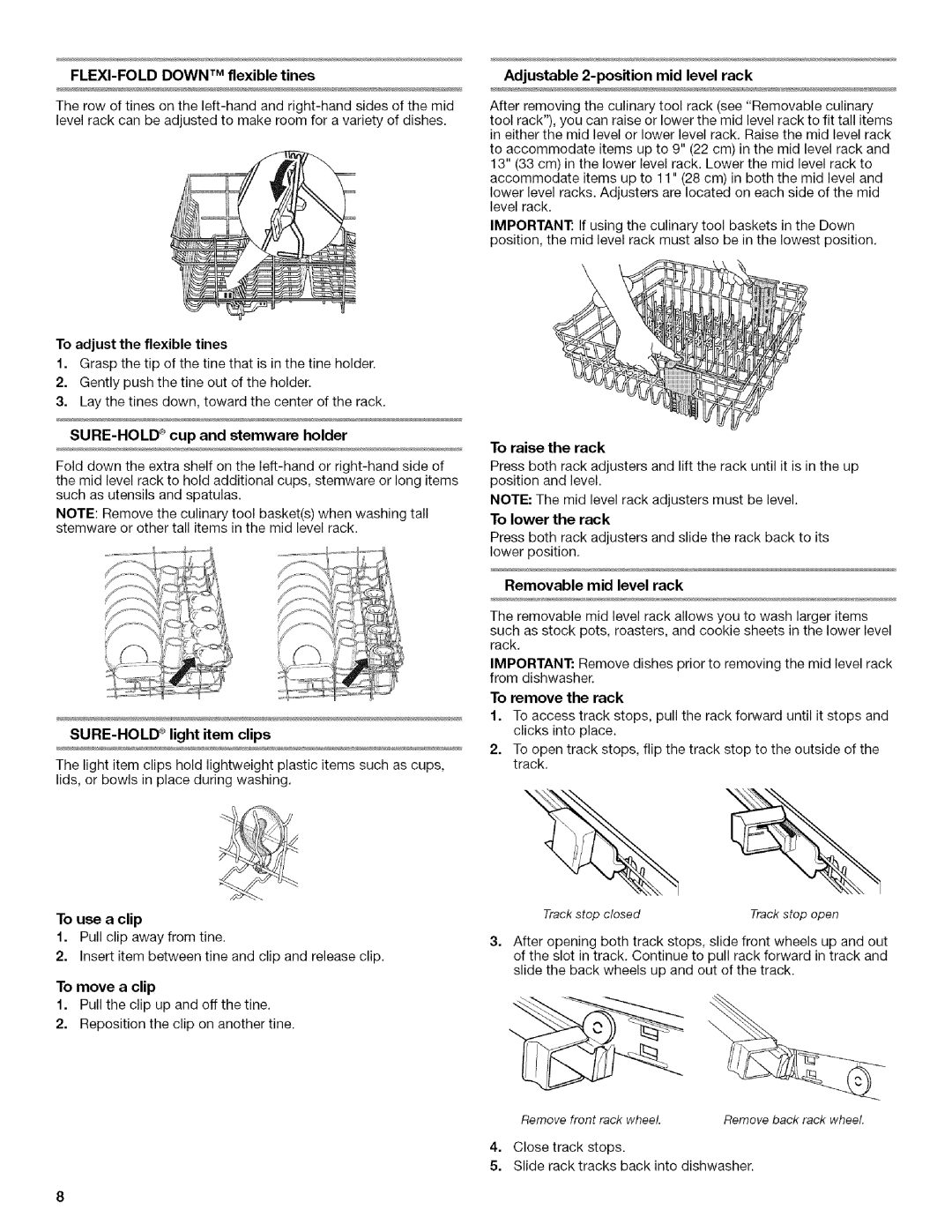 KitchenAid KUDU03ST FLEXI-FOLD Down TM flexible tines, To adjust the flexible tines, SURE-HOLD cup and stemware holder 