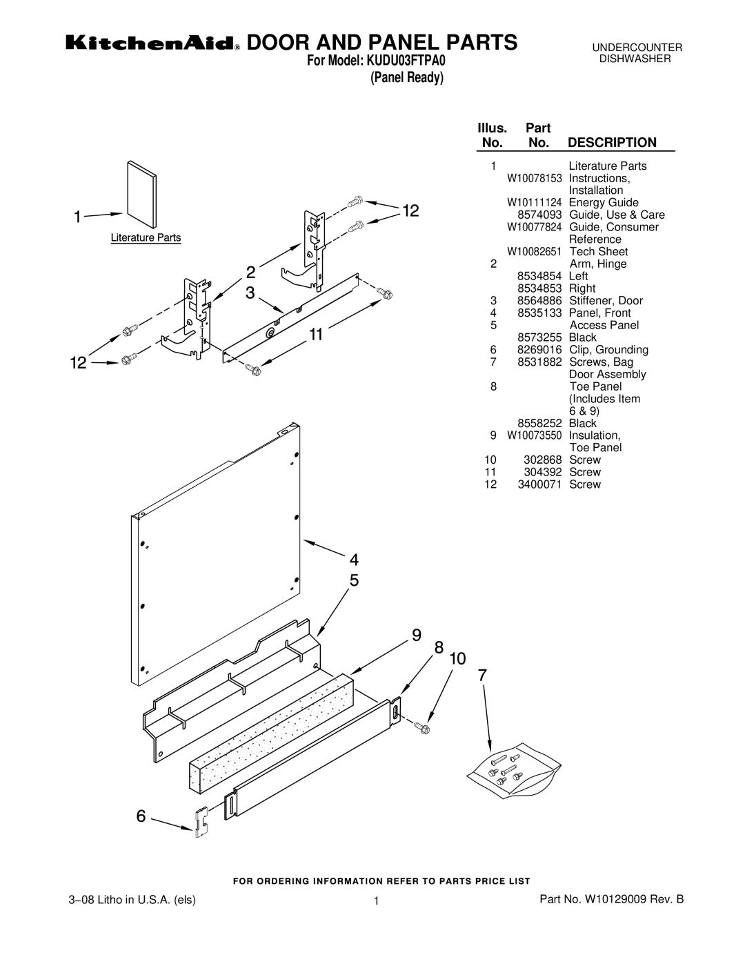 KitchenAid KUDU03FTPA0 manual Door and Panel Parts 