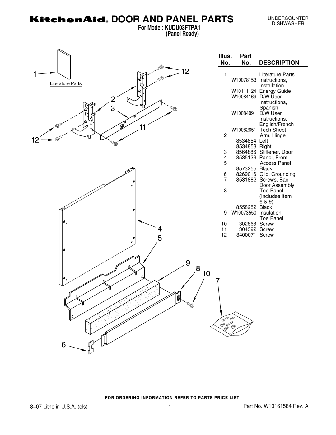 KitchenAid KUDU03FTPA1 manual Door and Panel Parts, Panel Ready 