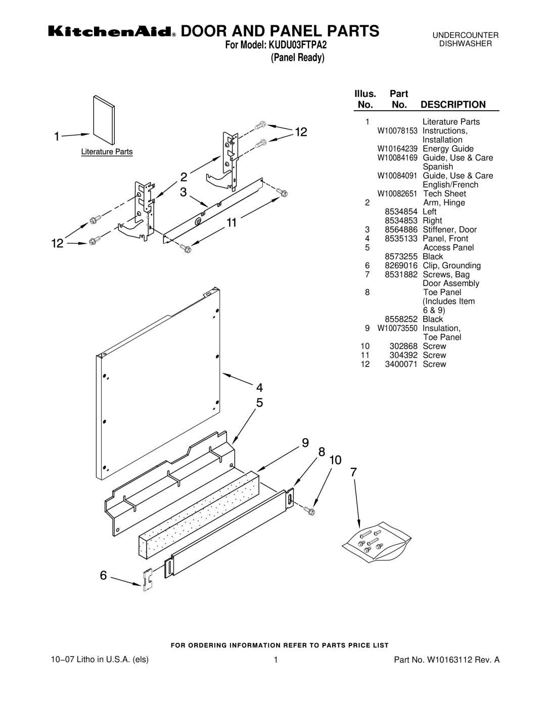 KitchenAid KUDU03FTPA2 manual Door and Panel Parts 