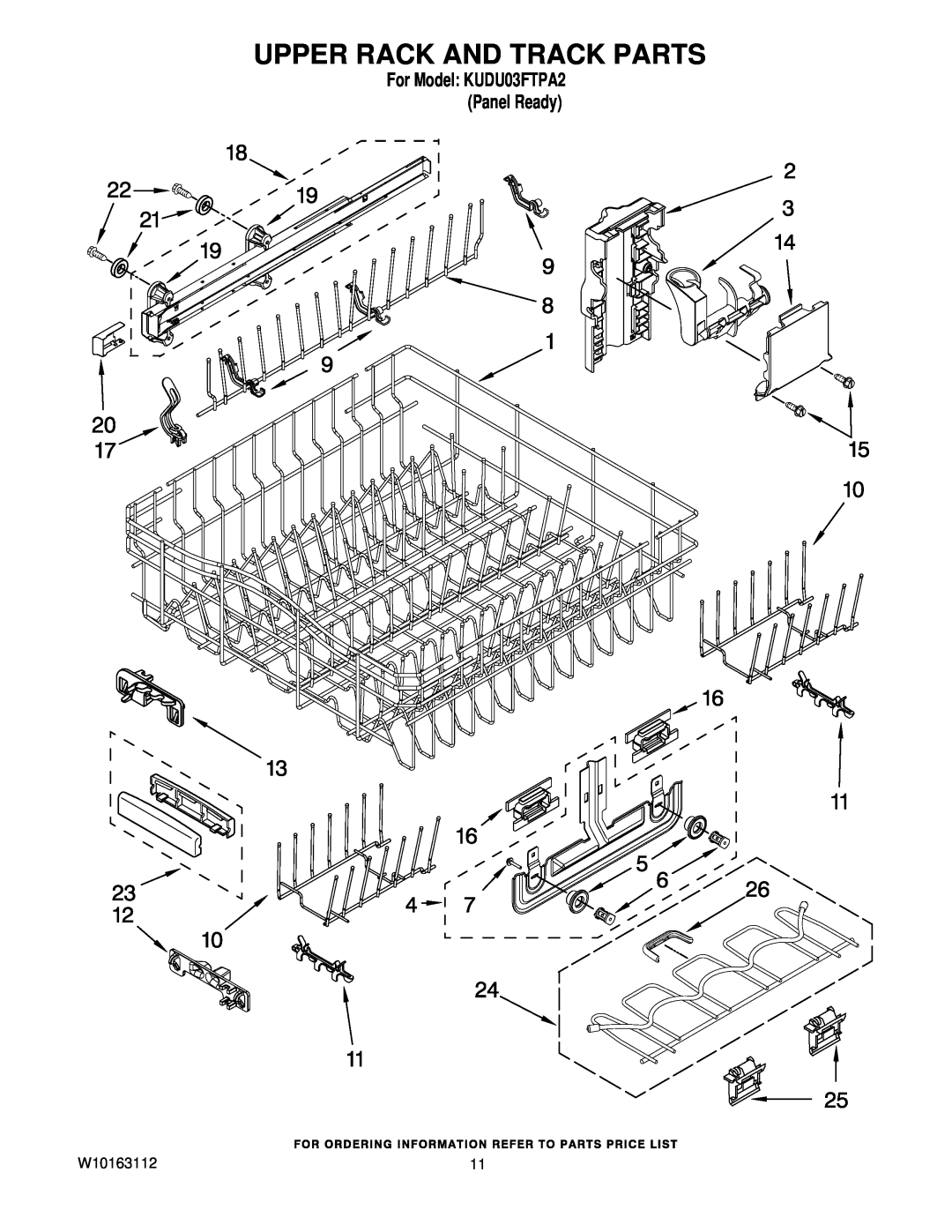 KitchenAid manual Upper Rack And Track Parts, W10163112, For Model KUDU03FTPA2 Panel Ready 