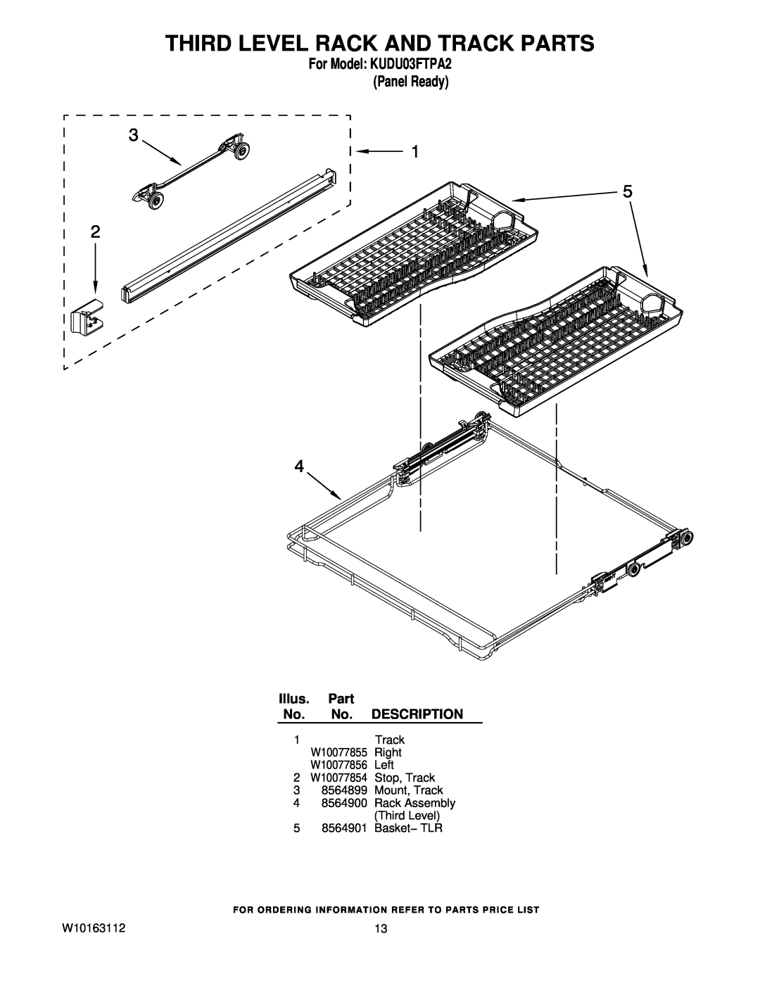 KitchenAid manual Third Level Rack And Track Parts, For Model KUDU03FTPA2 Panel Ready, Illus. Part No. No. DESCRIPTION 