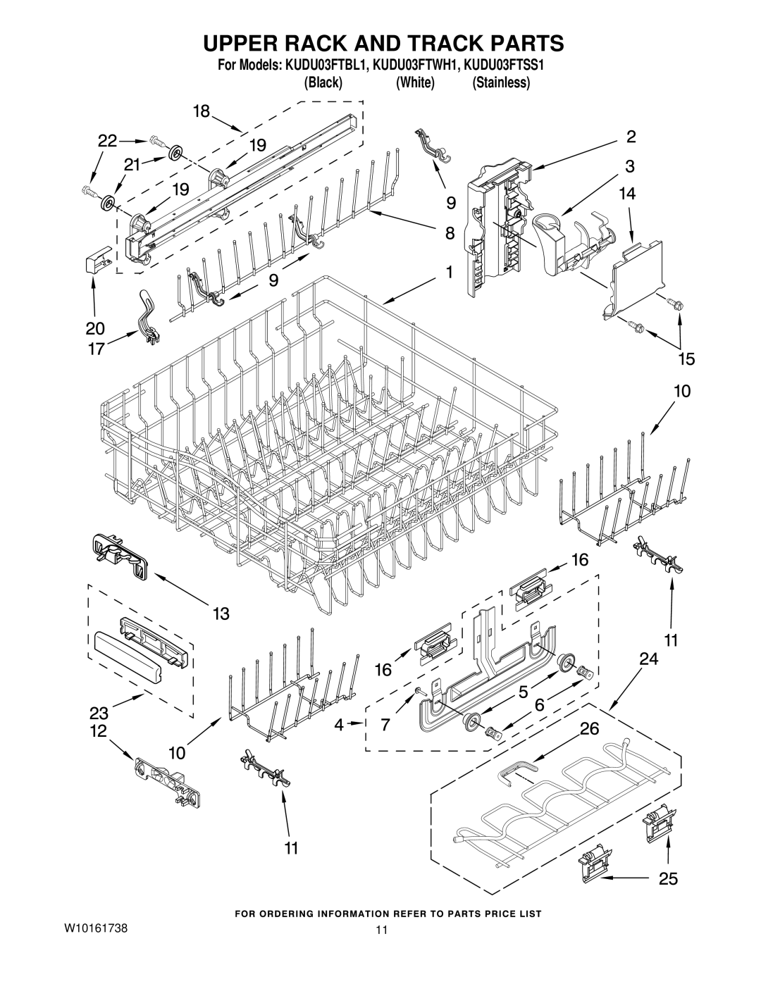 KitchenAid KUDU03FTBL1, KUDU03FTSS1, KUDU03FTWH1 manual Upper Rack and Track Parts 