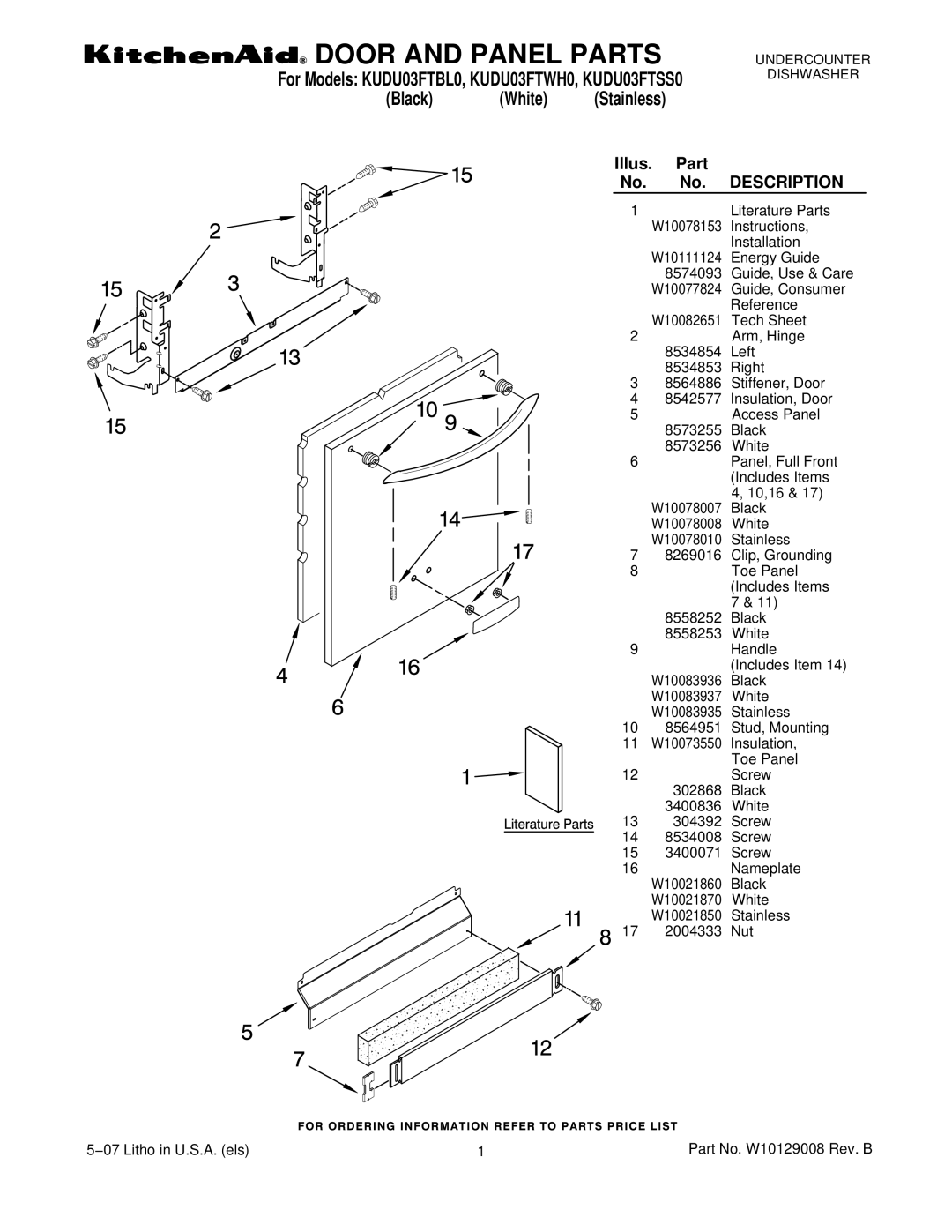 KitchenAid KUDU03FTBL0, KUDU03FTWH0, KUDU03FTSS0 manual Door and Panel Parts 