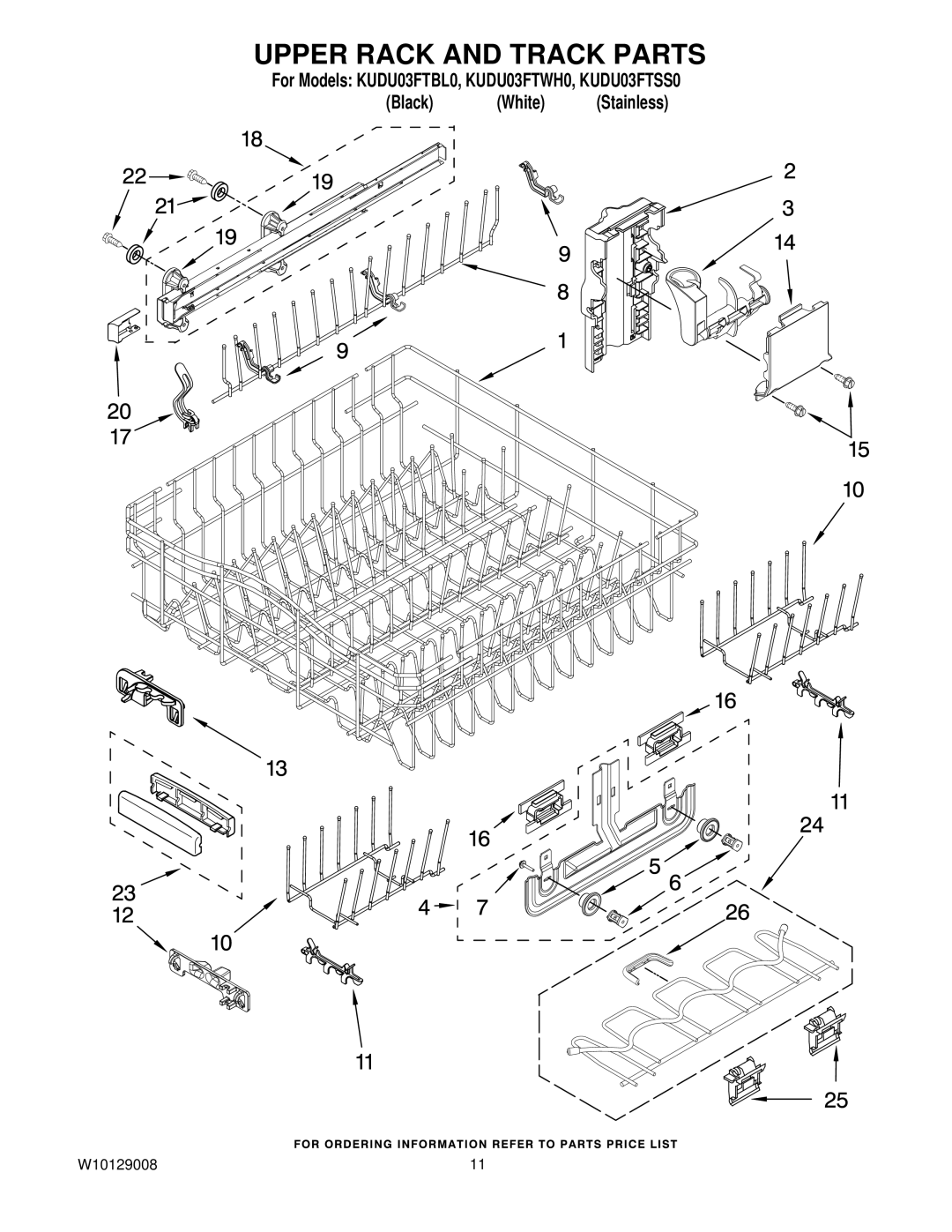 KitchenAid KUDU03FTSS0, KUDU03FTWH0, KUDU03FTBL0 manual Upper Rack and Track Parts 