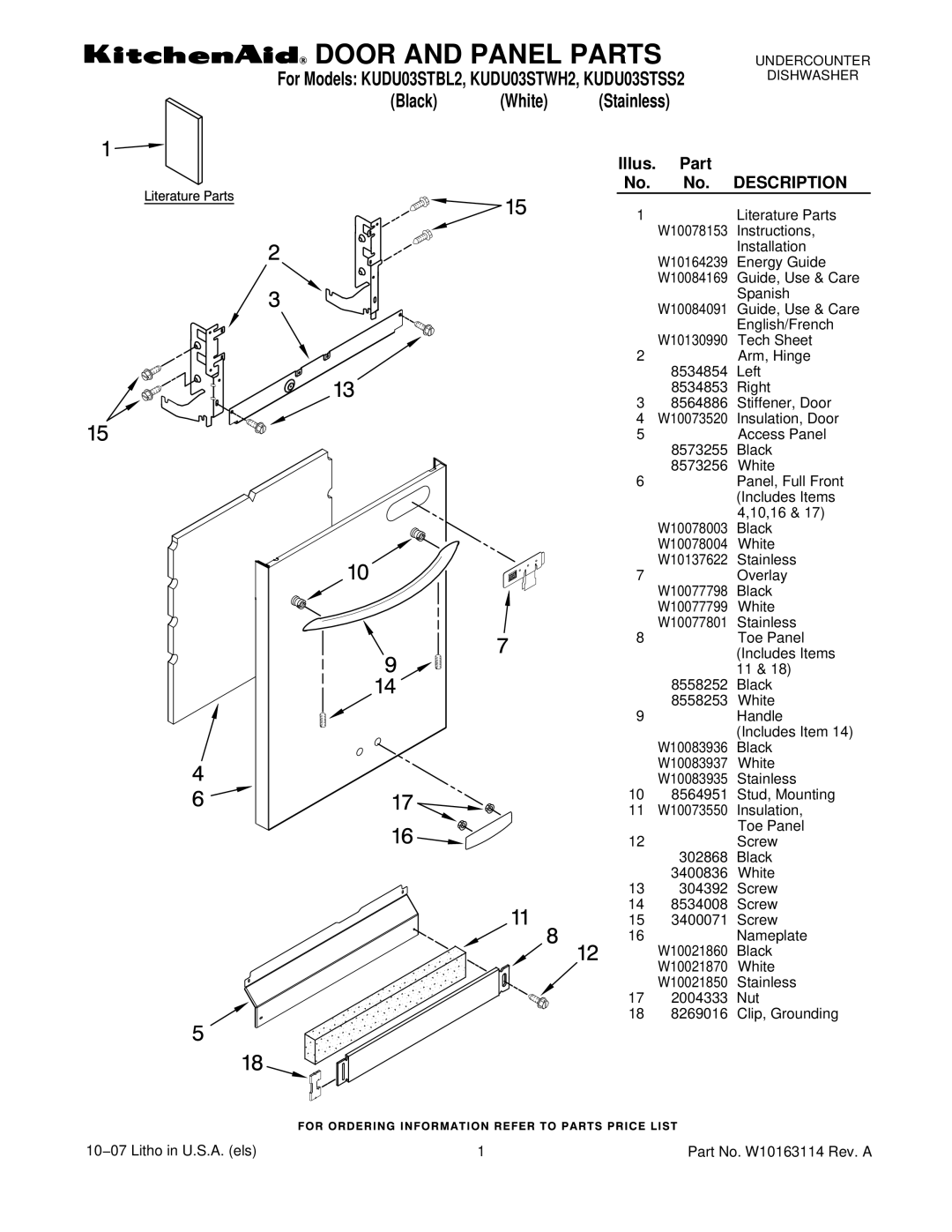 KitchenAid KUDU03STWH2, KUDU03STSS2, KUDU03STBL2 manual Door and Panel Parts 