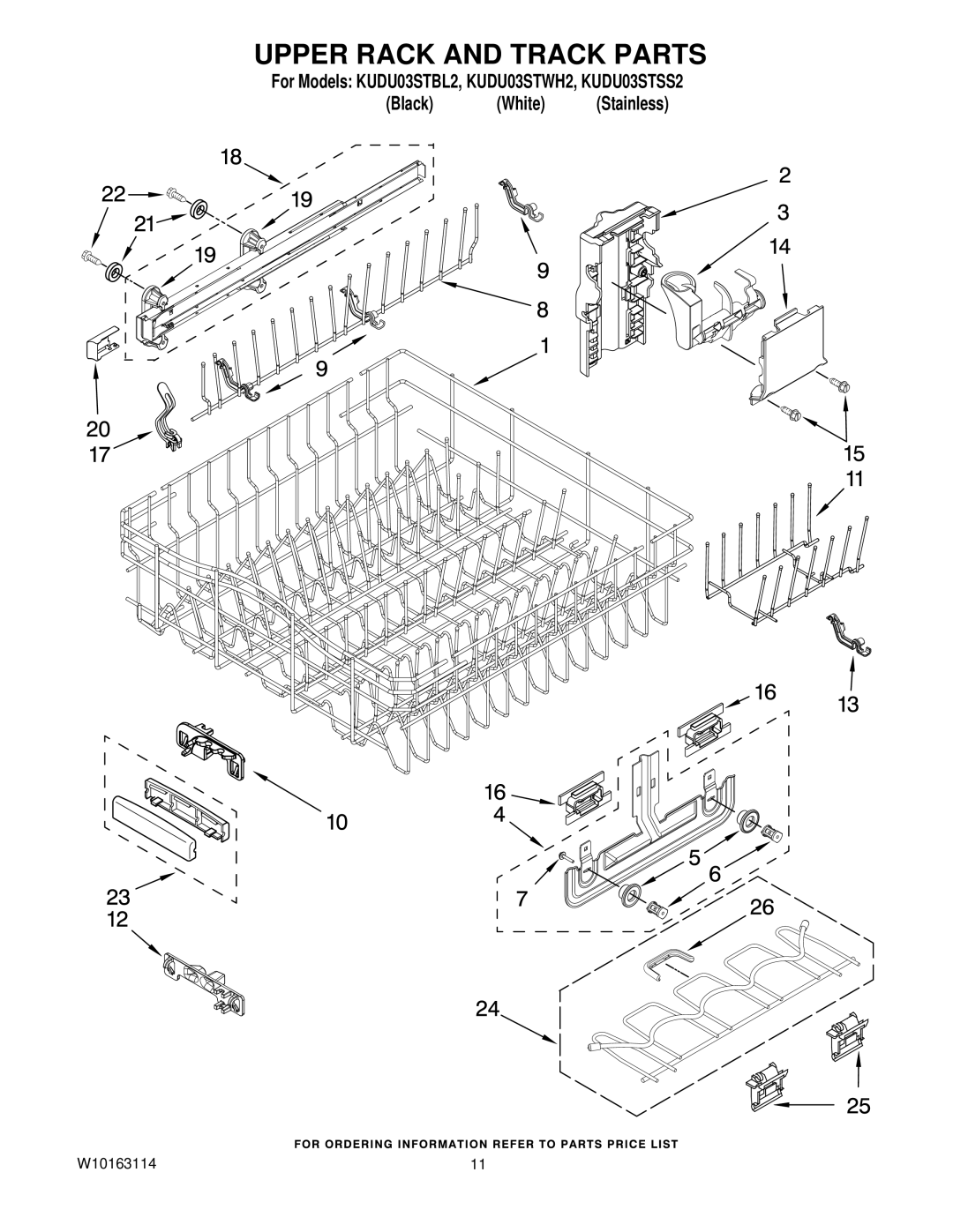 KitchenAid KUDU03STBL2, KUDU03STSS2, KUDU03STWH2 manual Upper Rack and Track Parts 