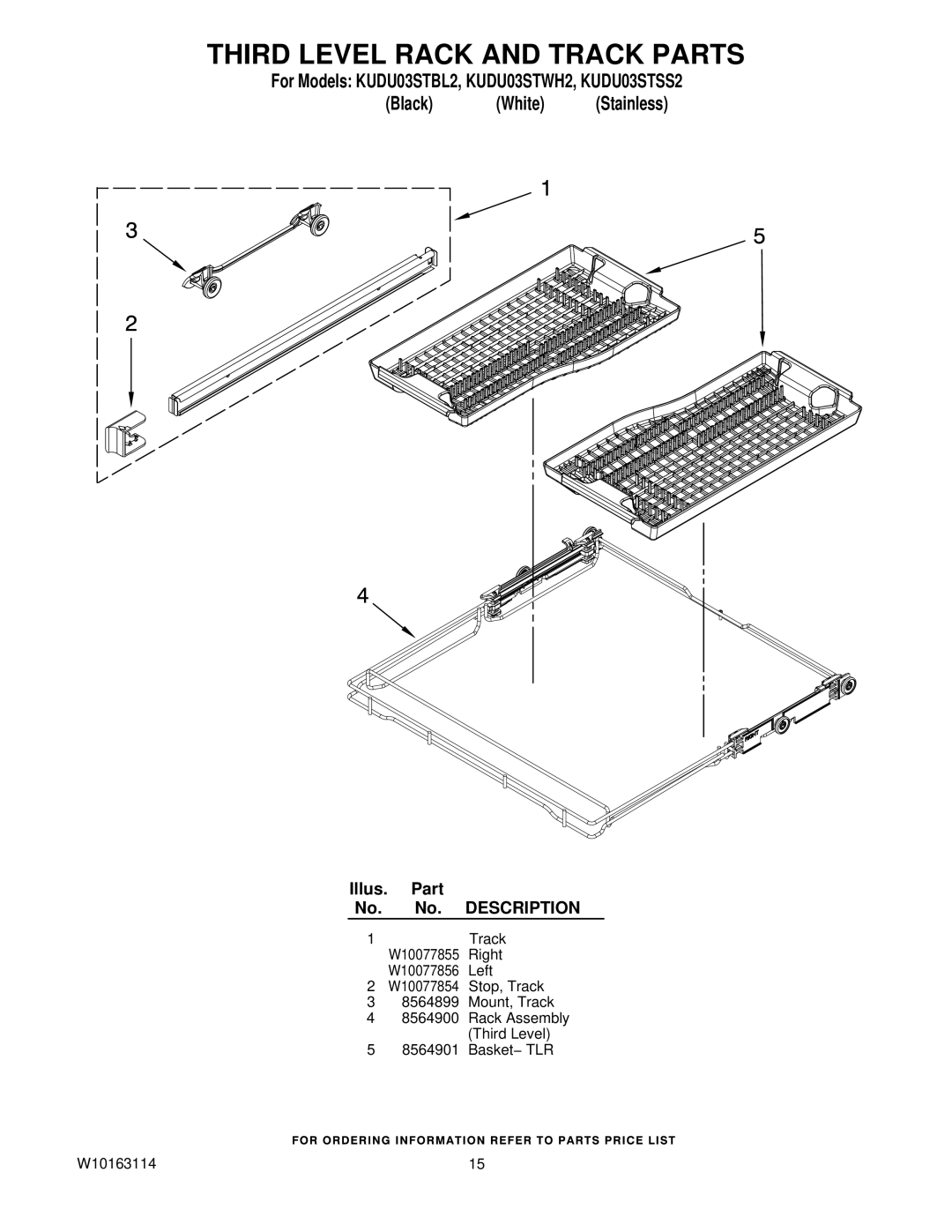 KitchenAid KUDU03STSS2, KUDU03STWH2, KUDU03STBL2 manual Third Level Rack and Track Parts 