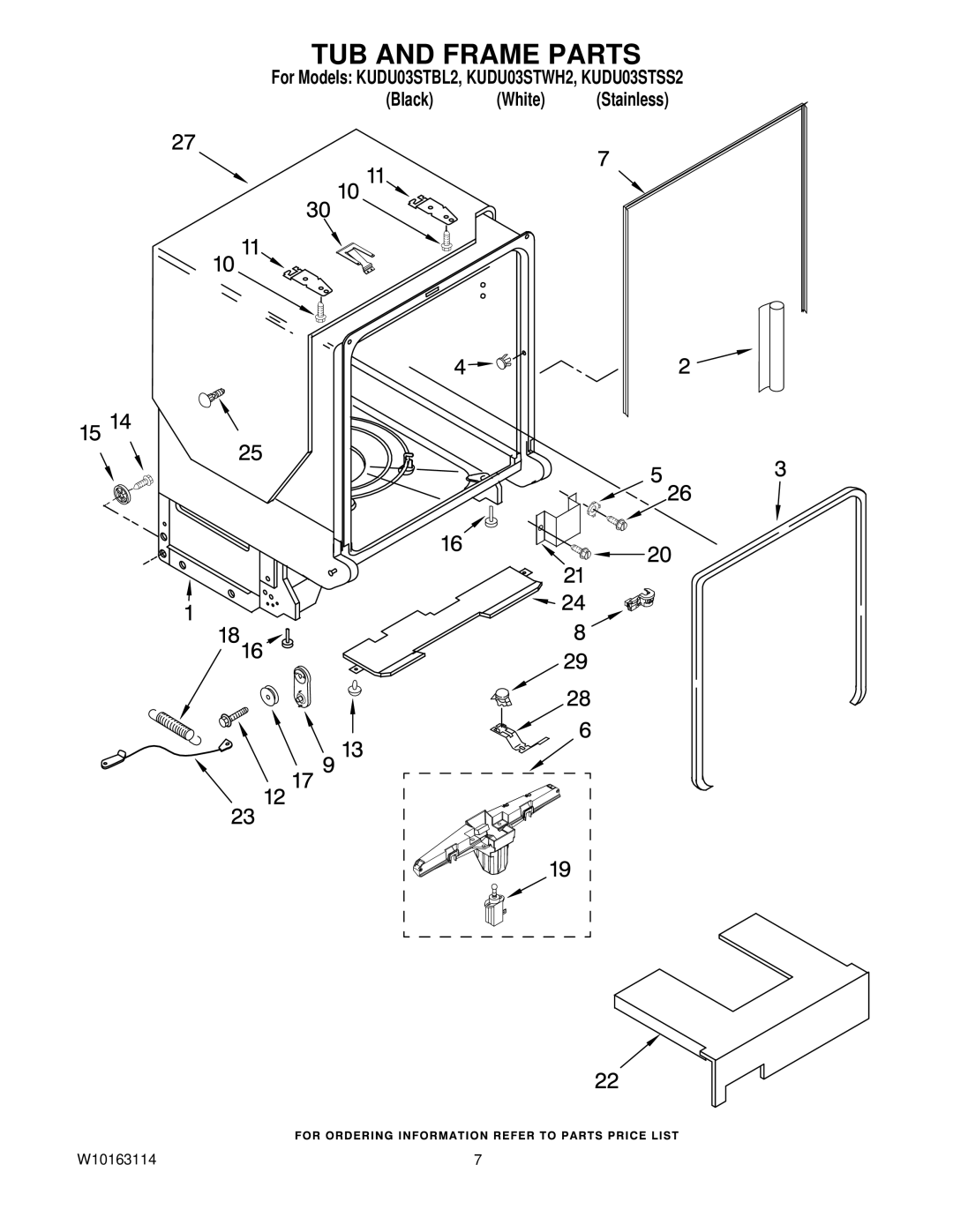 KitchenAid KUDU03STWH2, KUDU03STSS2, KUDU03STBL2 manual TUB and Frame Parts 