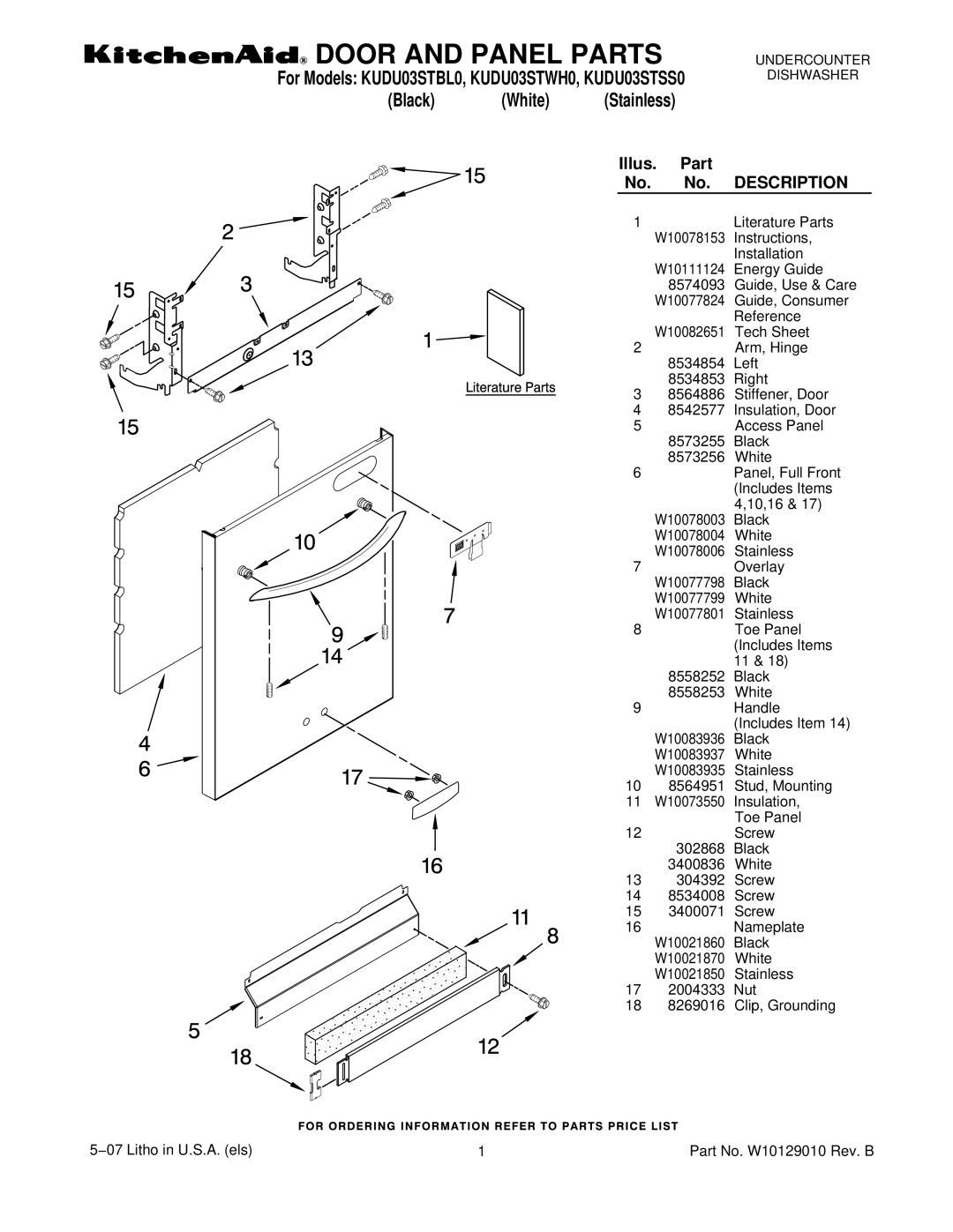 KitchenAid KUDU03STSS0, KUDU03STWH0, KUDU03STBL0 manual Door and Panel Parts 