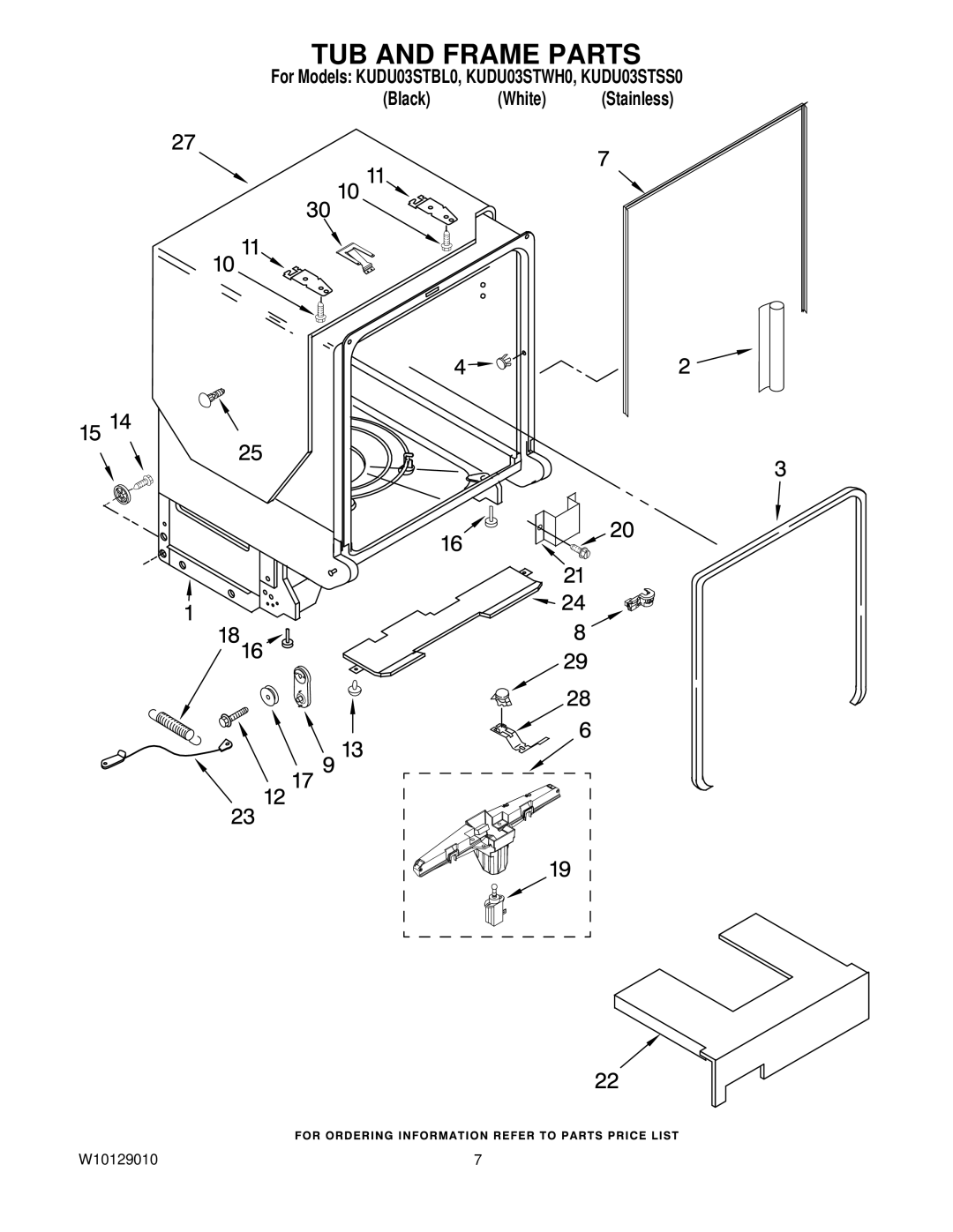 KitchenAid KUDU03STSS0, KUDU03STWH0, KUDU03STBL0 manual TUB and Frame Parts 