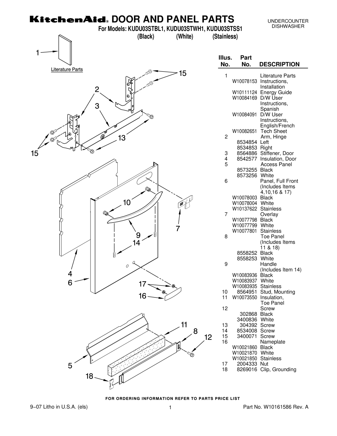 KitchenAid KUDU03STSS1, KUDU03STWH1, KUDU03STBL1 manual Door and Panel Parts 