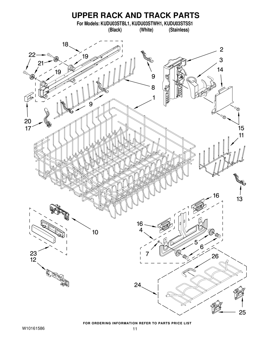 KitchenAid KUDU03STBL1, KUDU03STWH1, KUDU03STSS1 manual Upper Rack and Track Parts 