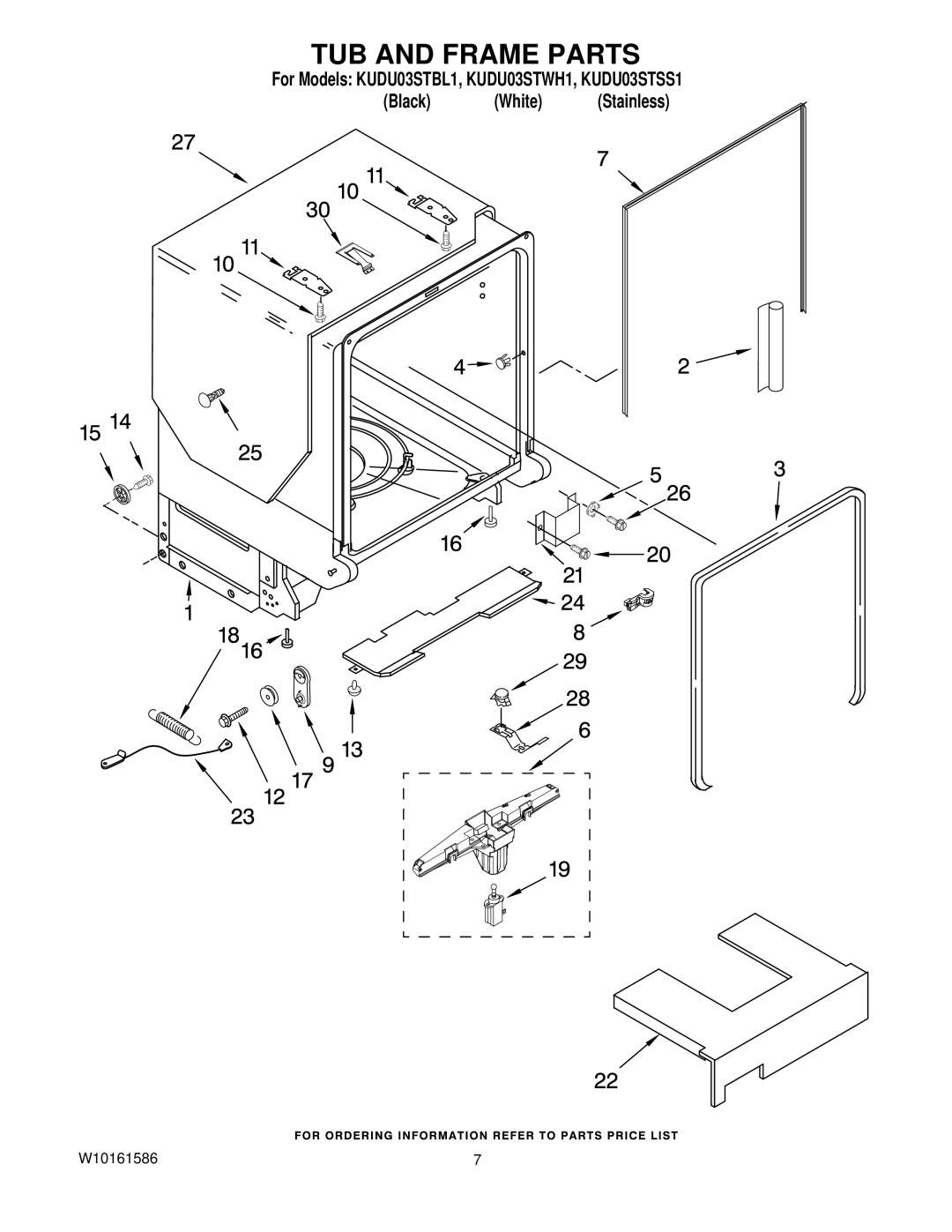 KitchenAid KUDU03STSS1, KUDU03STWH1, KUDU03STBL1 manual TUB and Frame Parts 