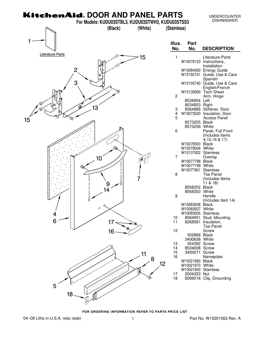 KitchenAid KUDU03STSS3, KUDU03STWH3, KUDU03STBL3 manual Door and Panel Parts 