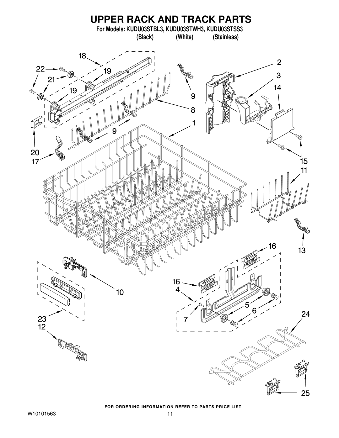 KitchenAid KUDU03STBL3, KUDU03STWH3, KUDU03STSS3 manual Upper Rack and Track Parts 