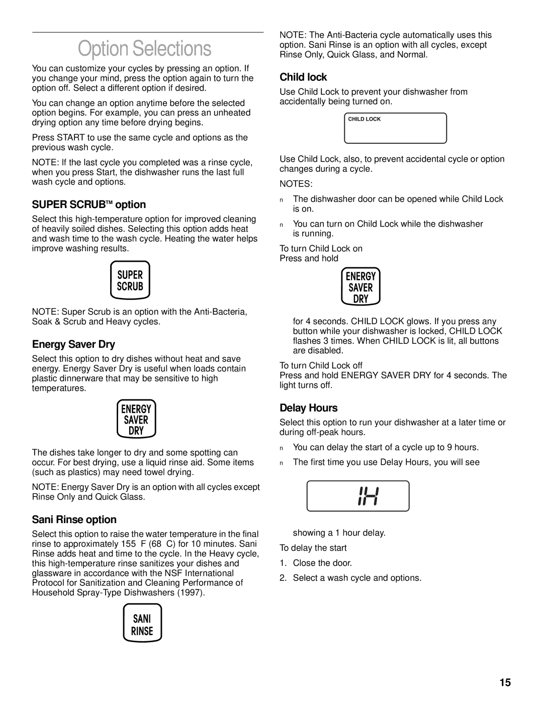 KitchenAid KUDV25SH manual Option Selections 