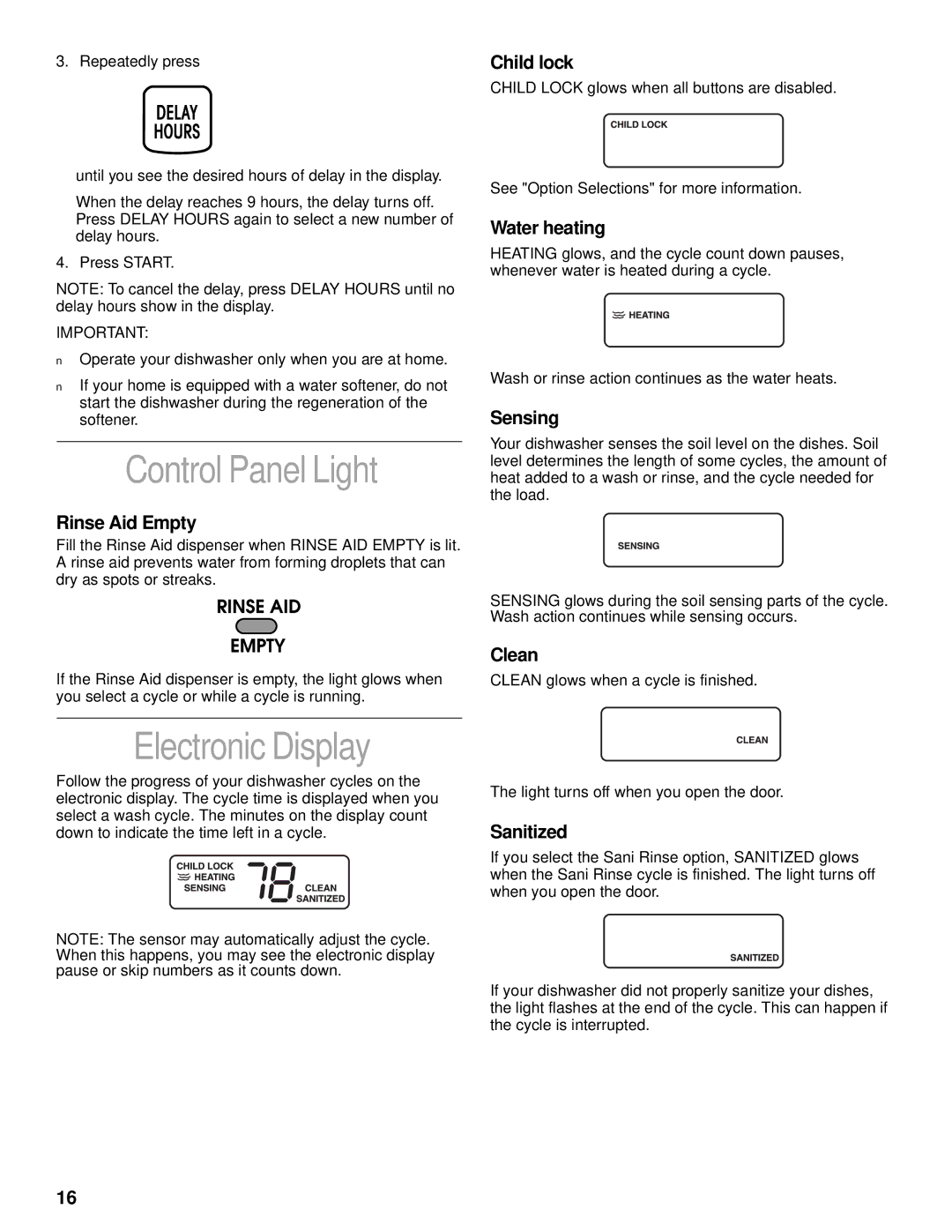 KitchenAid KUDV25SH manual Control Panel Light, Electronic Display 